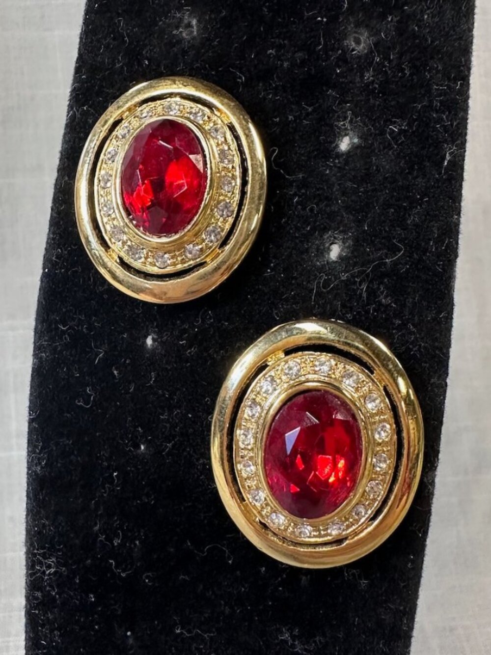 Vintage Large Red Oval and Clear Rhinestone Earrings